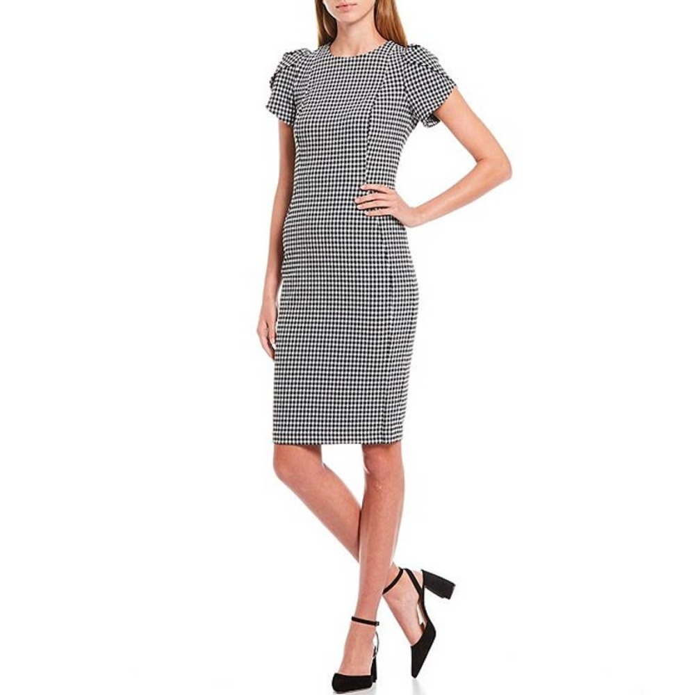 New Calvin Klein Size 10 Plaid Tulip Sleeve Sheath Dress Check Print Black White